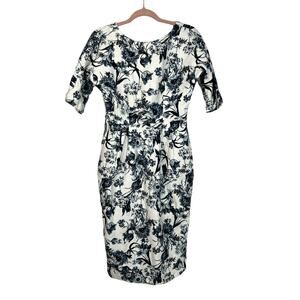 Asos White Blue Floral Fitted Pleats 3/4 Sleeves Pockets Cotton Midi Dress 8